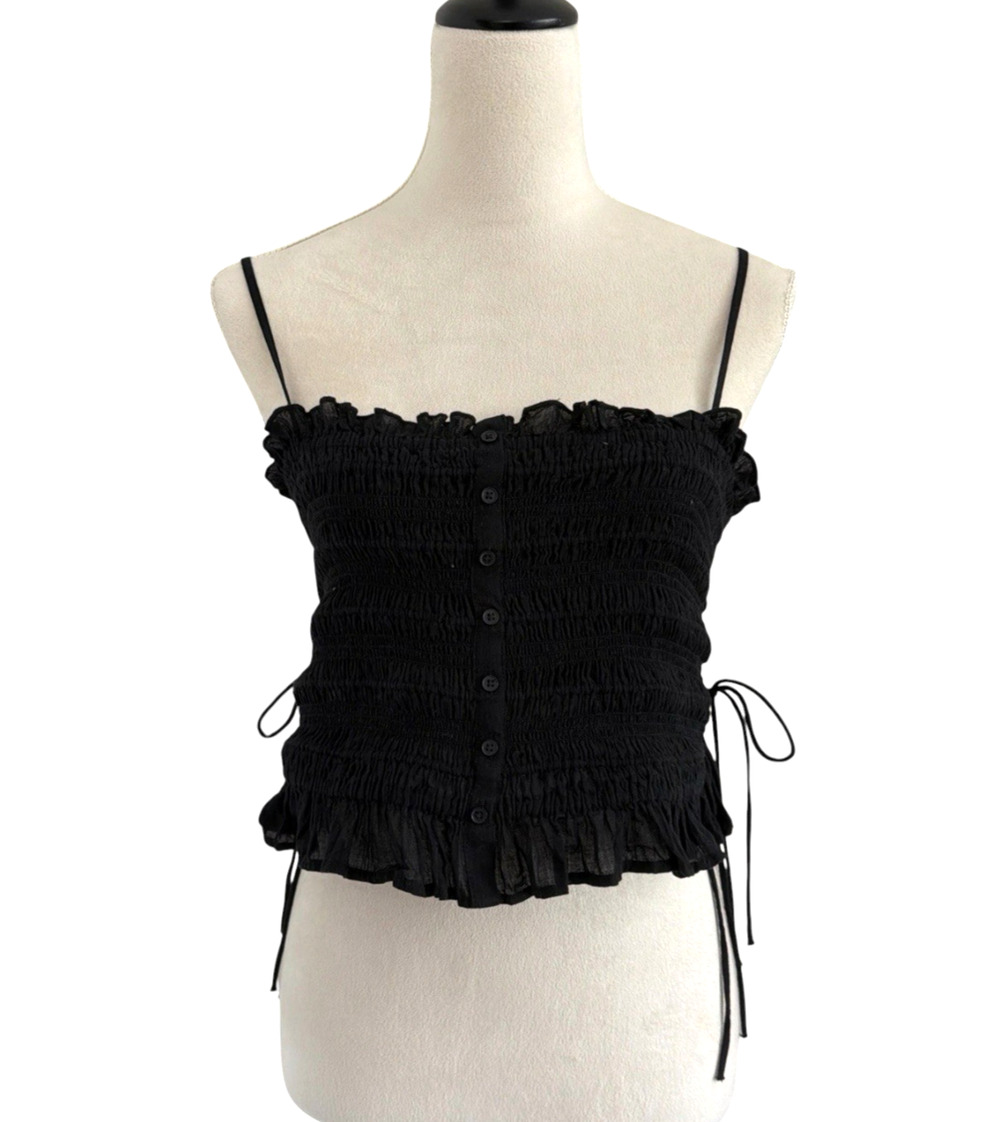 American Eagle Smocked Side Tie Tank Top Womens Med Black Spaghetti Straps Boho